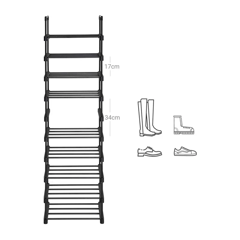 Étagère à chaussures à 10 niveaux meuble de rangement polyvalent cadre en fer personnalisable peu encombrant pour entrée salon chambre 45 x 30 x 174 cm noir 12_0005461