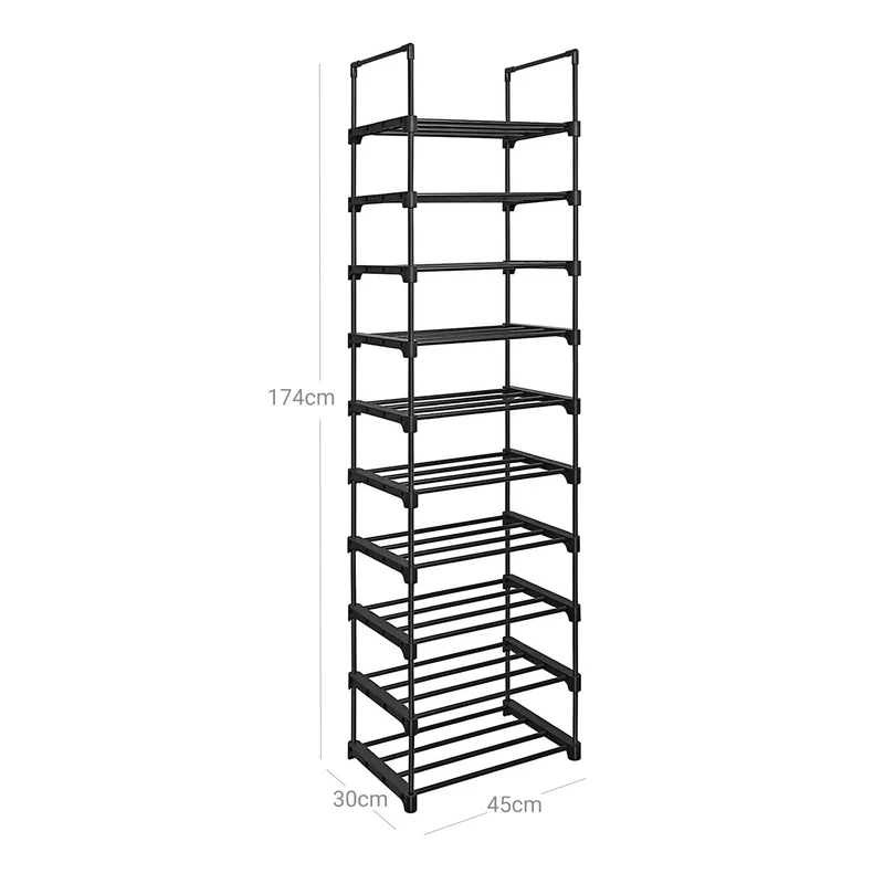 Étagère à chaussures à 10 niveaux meuble de rangement polyvalent cadre en fer personnalisable peu encombrant pour entrée salon chambre 45 x 30 x 174 cm noir 12_0005461