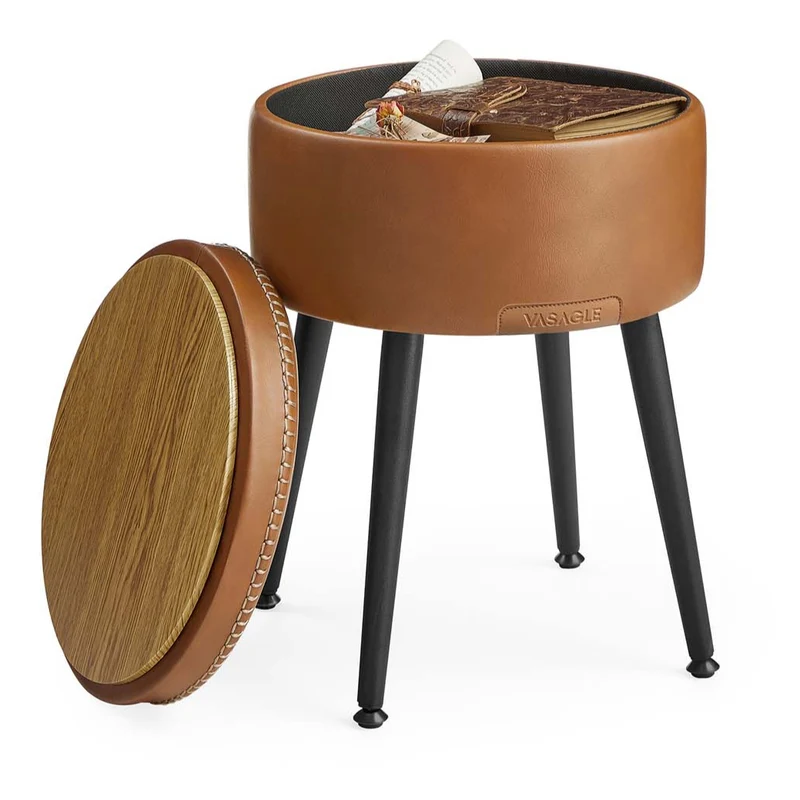 Pouf de rangement tabouret de coiffeuse PU avec coutures moderne mi-siècle tabouret de rangement rond avec pieds en acier capacité 150 kg marron 12_0005360