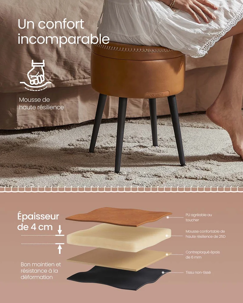 Pouf de rangement tabouret de coiffeuse PU avec coutures moderne mi-siècle tabouret de rangement rond avec pieds en acier capacité 150 kg marron 12_0005360