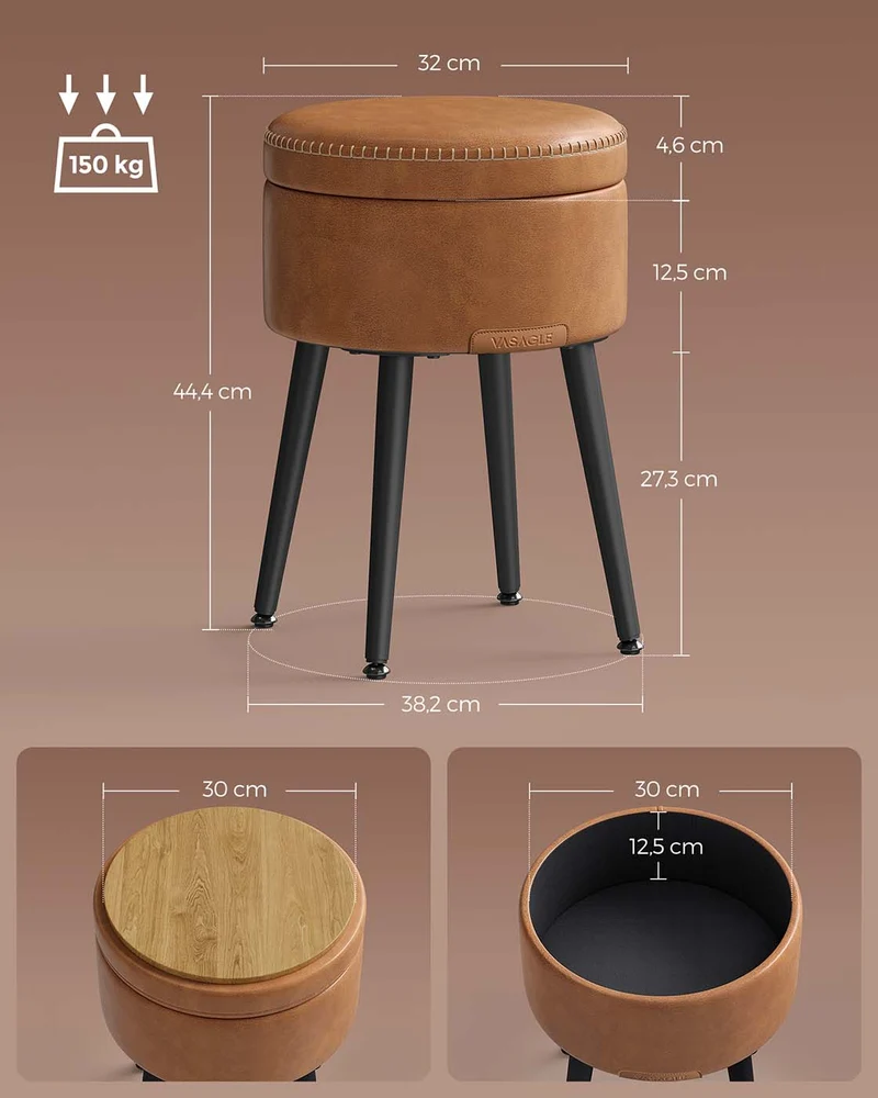 Pouf de rangement tabouret de coiffeuse PU avec coutures moderne mi-siècle tabouret de rangement rond avec pieds en acier capacité 150 kg marron 12_0005360
