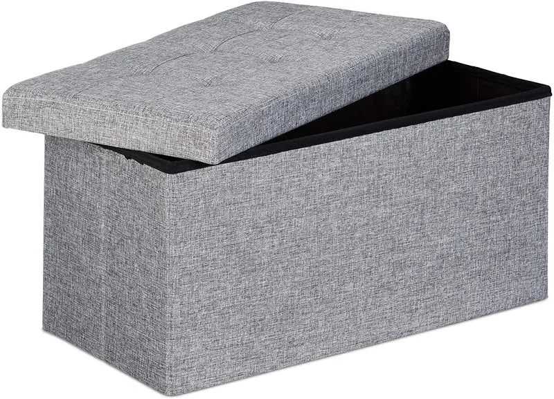 Tabouret banquette pouf de rangement pliant coffre repose-pieds 76 cm lin gris 13_0002337_4