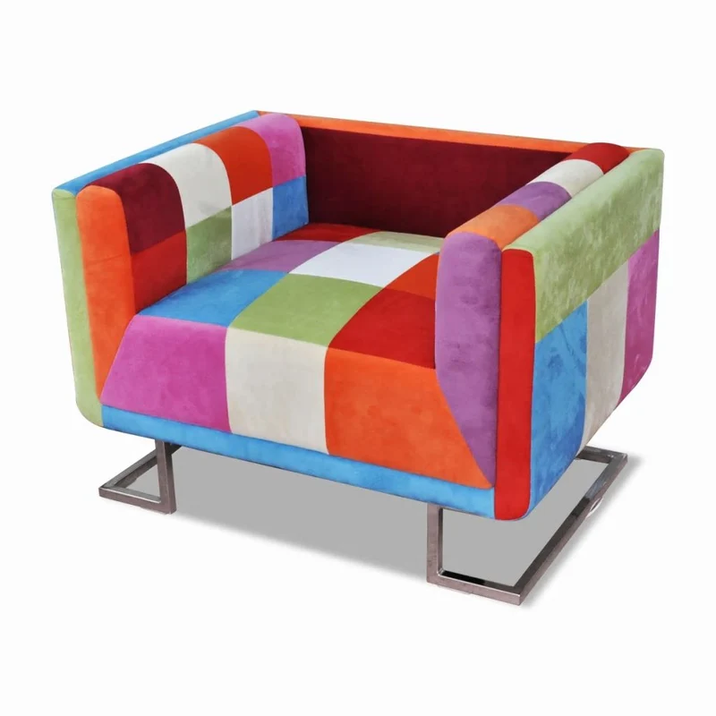Fauteuil chaise siège lounge design club sofa salon cube avec de patchwork chrome tissu 1102040/3