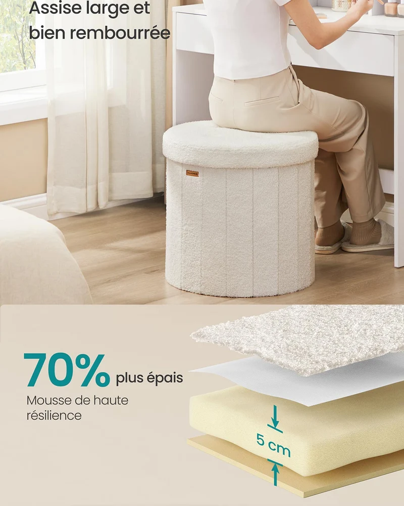 Tabouret de rangement rond repose-pieds avec couvercle amovible 46 x 45 cm pliable montage facile en tissu peluche pour chambre salon entrée blanc crème 12_0006350