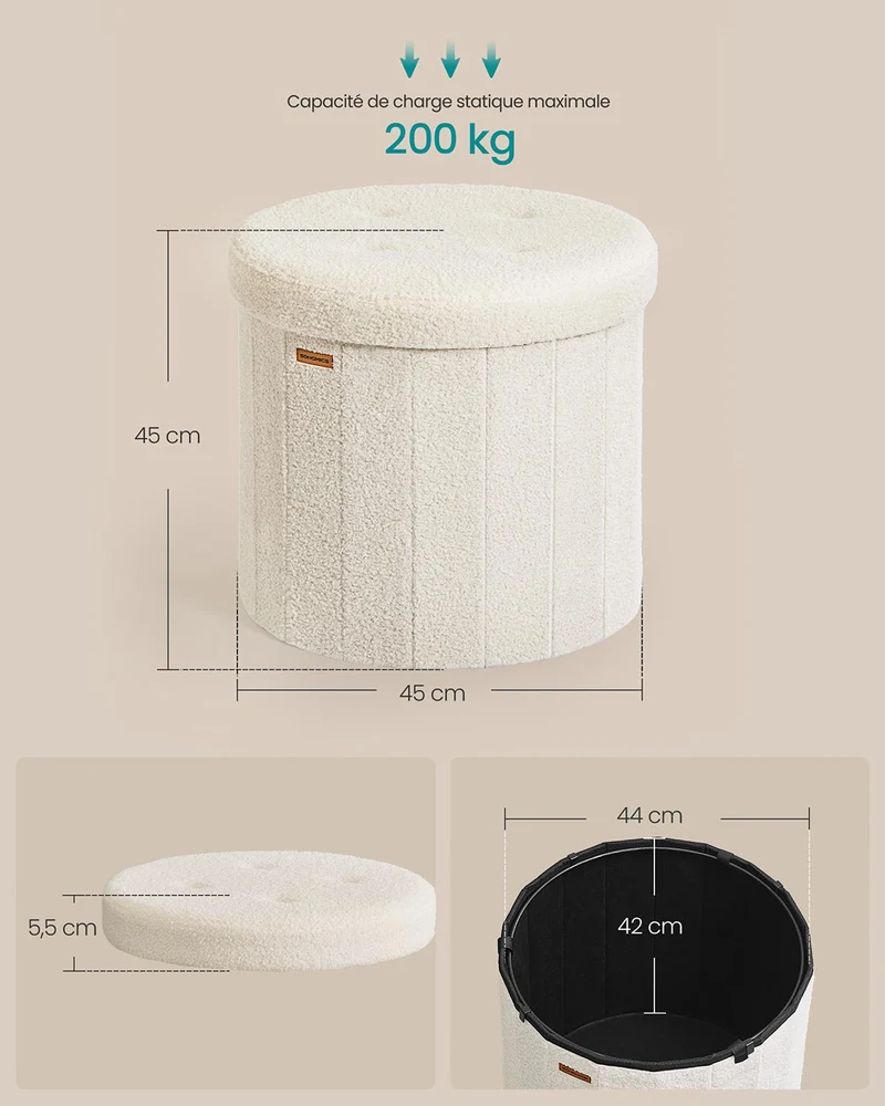 Tabouret de rangement rond repose-pieds avec couvercle amovible 46 x 45 cm pliable montage facile en tissu peluche pour chambre salon entrée blanc crème 12_0006350