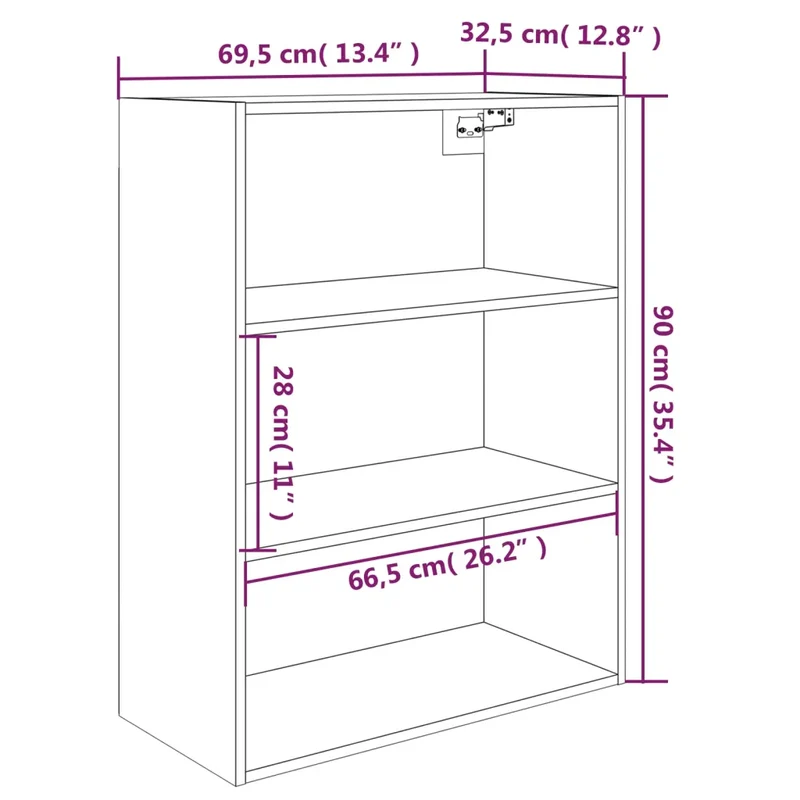 Armoire murale suspendue avec 3 compartiments fonction de rangement 69,5 x 32,5 x 90 cm en bois d'ingénierie chêne marron 02_0048326