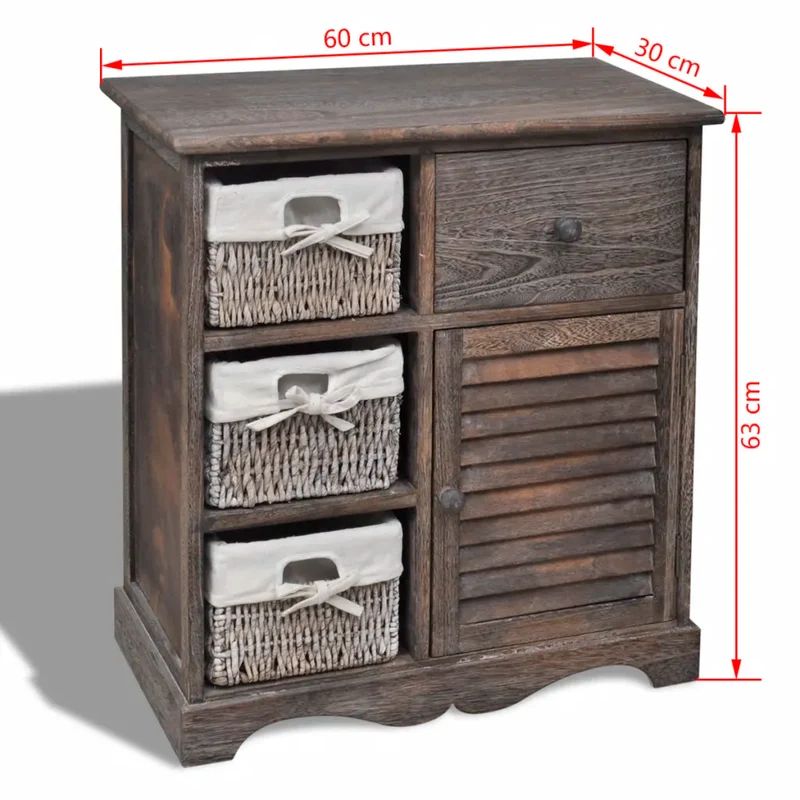 Armoire en bois avec 3 paniers design campagnard rangement chambre 60 x 30 x 63 cm en bois marron 02_0046227
