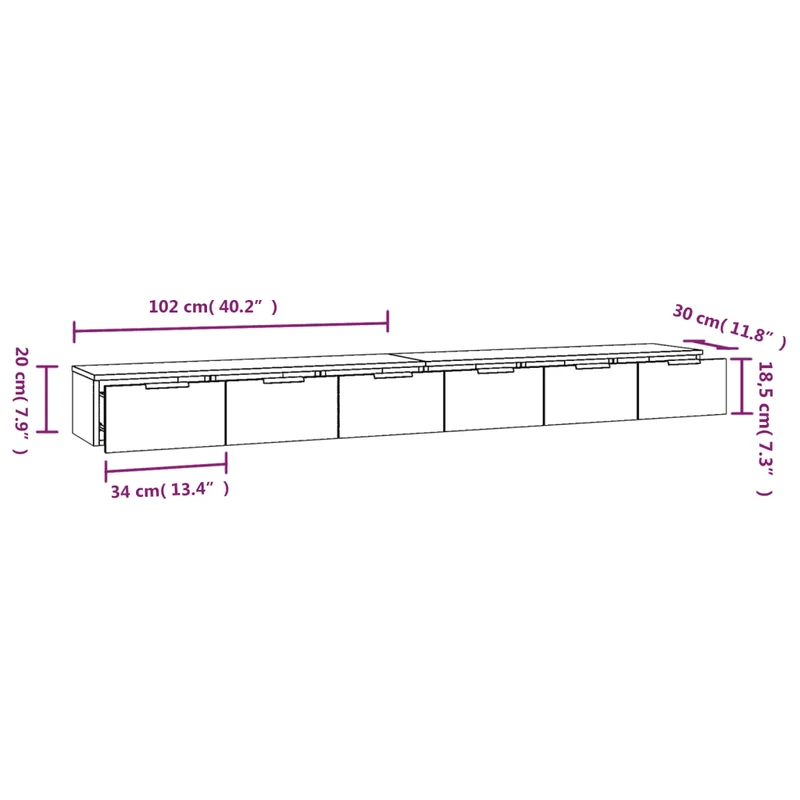 Lot de 2 armoires murales rangement pratique 102 x 30 x 20 cm en bois d'ingénierie gris béton 02_0055232