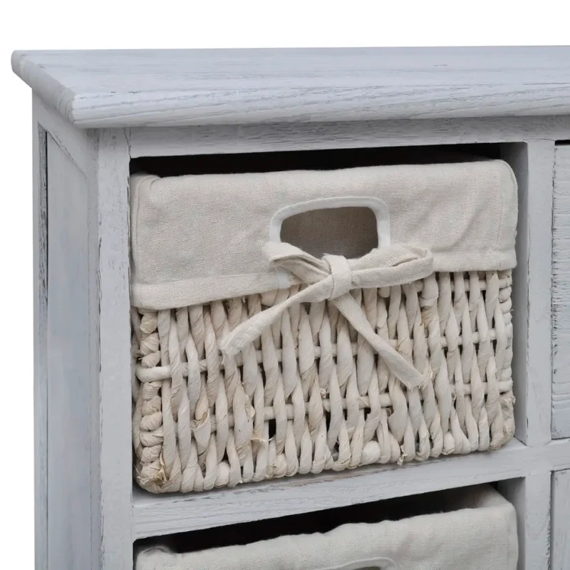 Armoire de rangement en bois design campagnard 60 x 30 x 63 cm avec 3 paniers en coton blanc 02_0046226