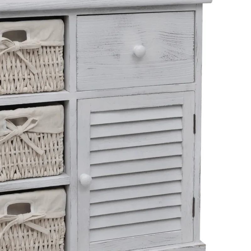 Armoire de rangement en bois design campagnard 60 x 30 x 63 cm avec 3 paniers en coton blanc 02_0046226