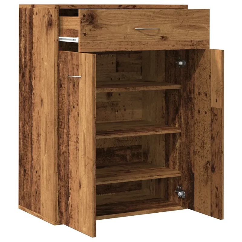 Armoire à chaussures vintage avec 4 étagères et tiroir 60 x 35 x 84 cm en bois d'ingénierie vieux bois 02_0050693