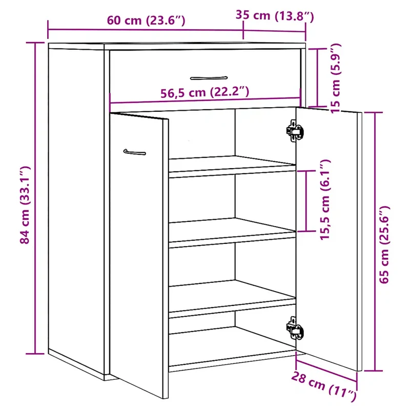 Armoire à chaussures vintage avec 4 étagères et tiroir 60 x 35 x 84 cm en bois d'ingénierie vieux bois 02_0050693