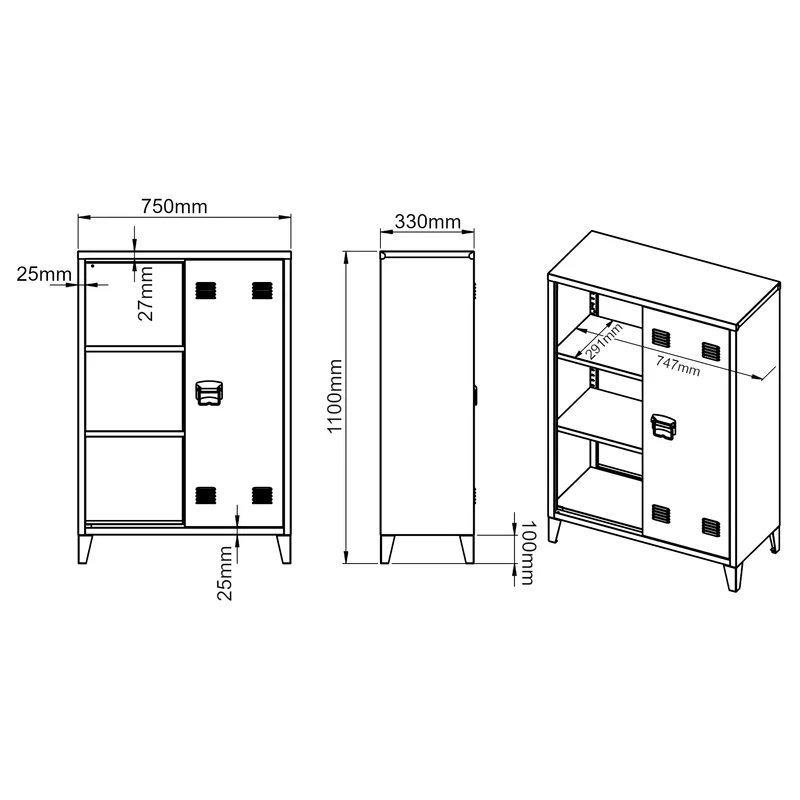 Casier de bureau armoire meuble de rangement pour bureau atelier chambre acier de bureau métallique à 2 portes 110 x 75 x 33 cm noir mat 03_0006335