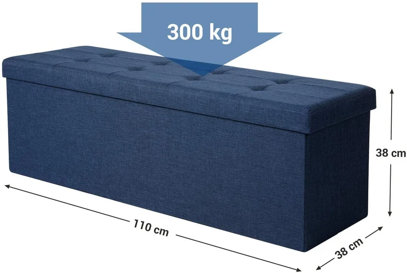 Banc de rangement coffre avec couvercle grand pouf pliable chambre entrée gain d'espace volume de 120 l charge max de 300kg rembourrage bleu foncé 12_0000219