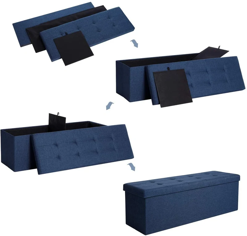 Banc de rangement coffre avec couvercle grand pouf pliable chambre entrée gain d'espace volume de 120 l charge max de 300kg rembourrage bleu foncé 12_0000219