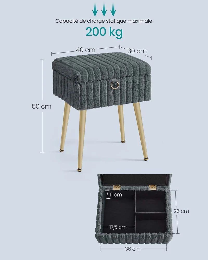 Tabouret de coiffeuse tabouret avec rangement 30 x 40 x 50 cm repose-pieds pieds en métal rembourré pieds réglables pour salon chambre dressing gris 12_0008032