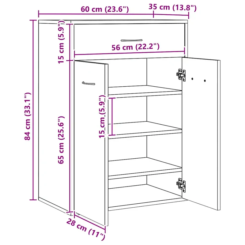 Armoire à chaussures avec portes et tiroir 60 x 35 x 84 cm grand espace de rangement moderne en bois d'ingénierie chêne artisanal 02_0050694