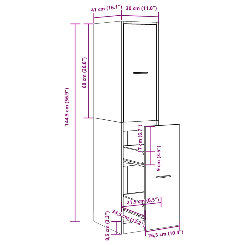 Armoire d'apothicaire multifonctionnelle avec 4 tiroirs rangement 30 x 41 x 144 cm en bois d'ingénierie chêne fumé 02_0050623