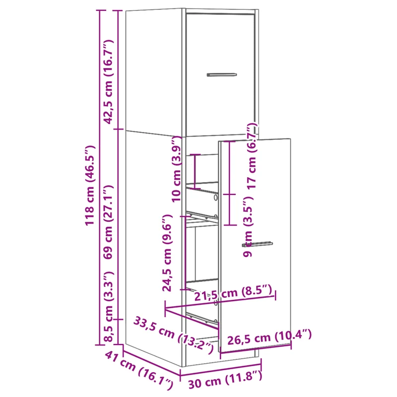 Armoire apothicaire classique multifonctionnelle rangement 30 x 41 x 118 cm en bois d'ingénierie gris 02_0050615